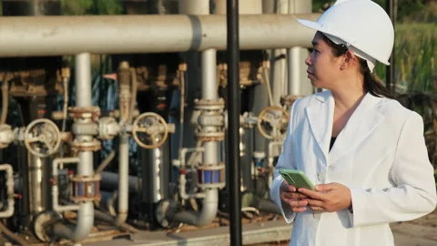 Environmental engineer in white helmet working at wastewater treatment plant. Stock Footage 229704984