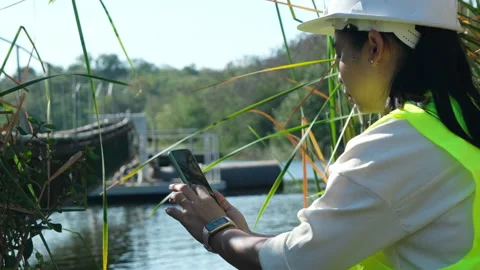 Environmental engineer working with mobile phone at reservoir Stock Footage 229708831