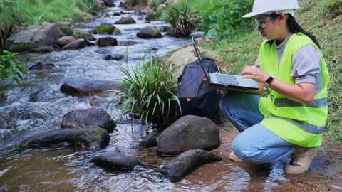 Environmental engineers uses laptop to inspect water quality at natural water. Stock Footage 172389253