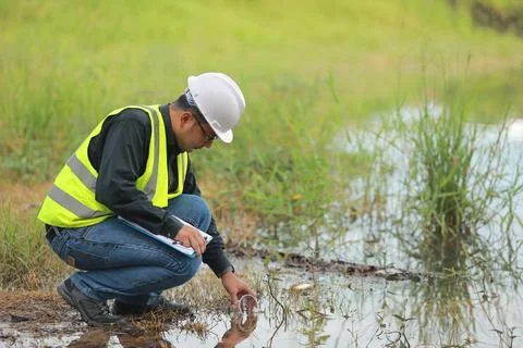 Environmental engineers work at water source to check for contaminants  in .. 스톡 사진