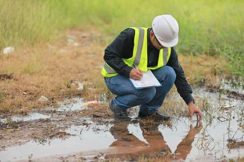 Environmental engineers work at water source to check for contaminants  in .. Stock-Fotos