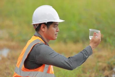 Environmental engineers work at water source to check for contaminants  in .. Stock Photos