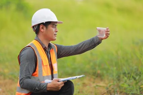 Environmental engineers work at water source to check for contaminants  in .. 스톡 사진