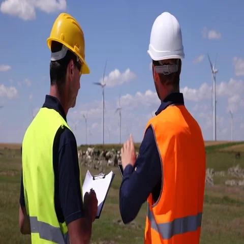 Environmental Field Worker Men Explaining Plan Using Digital Tablet Wind Turbine Stock Footage