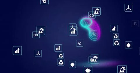 Environmental icons and data processing image over dark blue background Stock Illustration