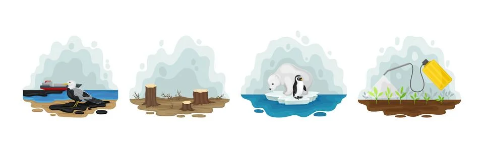 Environmental Issue and Ecological Problem Scene Vector Set Illustrazione stock