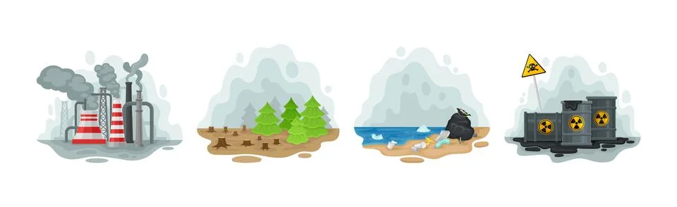 Environmental Issue and Ecological Problem Scene Vector Set Stock Illustration