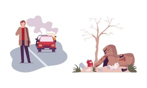 Environmental Pollution and Global Warming Cause with Traffic Gas Emission and Stock Illustration