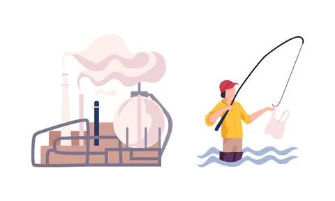 Environmental Pollution and Global Warming Cause with Power Station Emission and Stock Illustration
