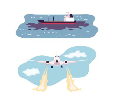 Environmental Pollution and Global Warming Cause with Plane and Water Stock Illustration