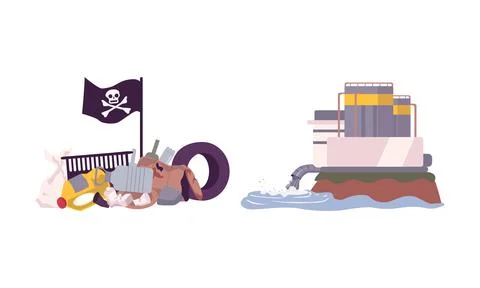 Environmental Pollution and Global Warming Cause with Garbage Dump and Water Stock Illustration