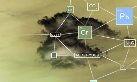 Environmental pollution. Chemical elements in emissions. Cloud polluting air. Stockfoto's