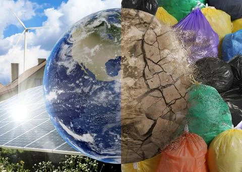 Environmental pollution. Collage divided into clean and contaminated Earth... Stock Photos