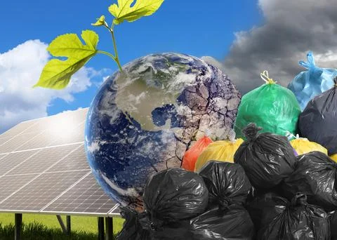 Environmental pollution. Collage divided into clean and contaminated Earth... Stock Photos