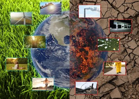 Environmental pollution. Collage divided into clean and contaminated Earth... Stock Photos