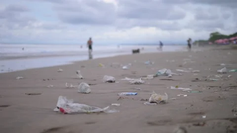 Environmental pollution concept. Beach full of plastic trash Video stock 147632203