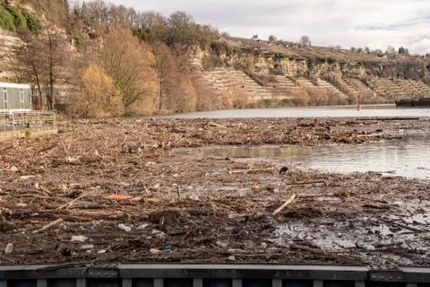 Environmental pollution at a lock on the Neckar river a lot of wood and plast Stock Photos