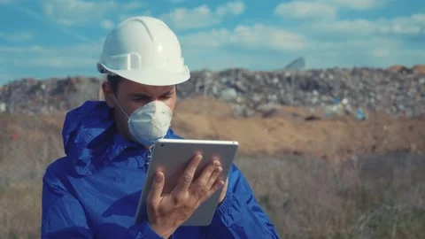 Environmental pollution. man chemist scientist in a respirator mask studies Video stock 132746159