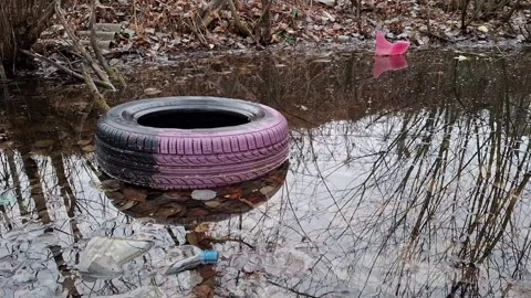 Environmental pollution. Old rubber tyre lies on river bank,abuse of environment Video stock 309646370
