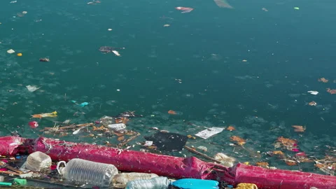 Environmental pollution. Polluted ocean beach with plastic waste and garbage. Video stock 228438062