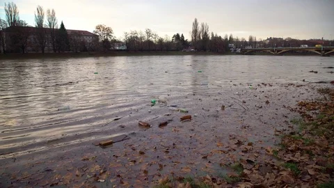 Environmental pollution. The river is carrying garbage after the flood, Uzhgorod Vídeo Stock 83430571