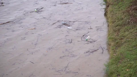 Environmental pollution. The river is carrying garbage after the flood, Uzhgorod 库存影片 83430912