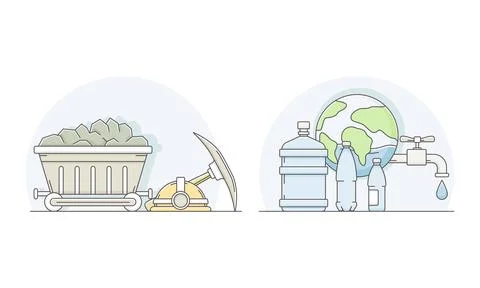 Environmental pollution set. Coal mining and depletion of fresh water reserves Stock Illustration