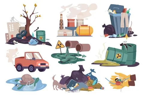 Environmental pollution set graphic elements in flat design. Bundle of dump.. Stock Illustration