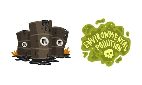 Environmental Pollution Set, Pollution of Nature with Oil Products Cartoon Stock Illustration