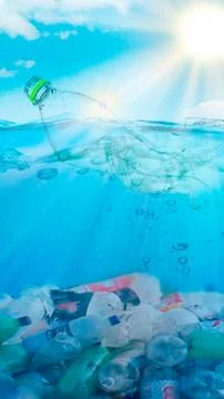Environmental problem: Plastic bottle and bag pollution in ocean Stock Photos