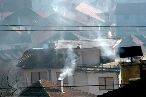 Environmental problems, ecology theme, the smoke from the chimneys 스톡 사진