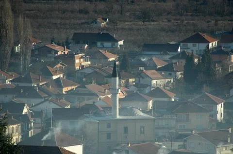 Environmental problems, ecology theme, the smoke from the chimneys 스톡 사진