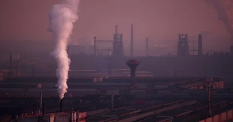Environmental problems: Industry And Pollution. Smoke from factory pipes Stock Footage 71688416