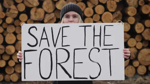 Environmental protest, poster save forest. climate change, eco activism Vídeos de archivo 161568049