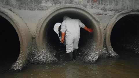 Environmental Scientist Inspecting Water Quality at a Factory Drainage Outlet Video stock 342946245