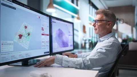 Environmental Scientist Studies Flood Risk Maps On Computer Stock Footage 344711427