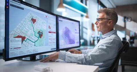 Environmental Scientist Uses Computer Software To Analyze Flood Risk Zones Ca Stock-Fotos