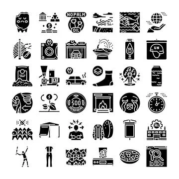 Environmental, societal, and economic problems glyph icons set Stock Illustration