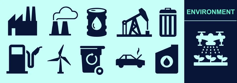 Environmental solid icon set of factory, fracking, oil, green energy, gasoline. Stock Illustration