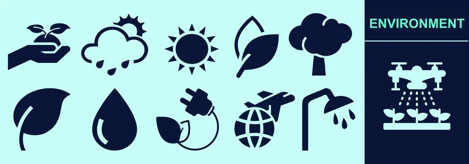 Environmental solid icon set of recycle symbols, waste, green energy. Stock Illustration