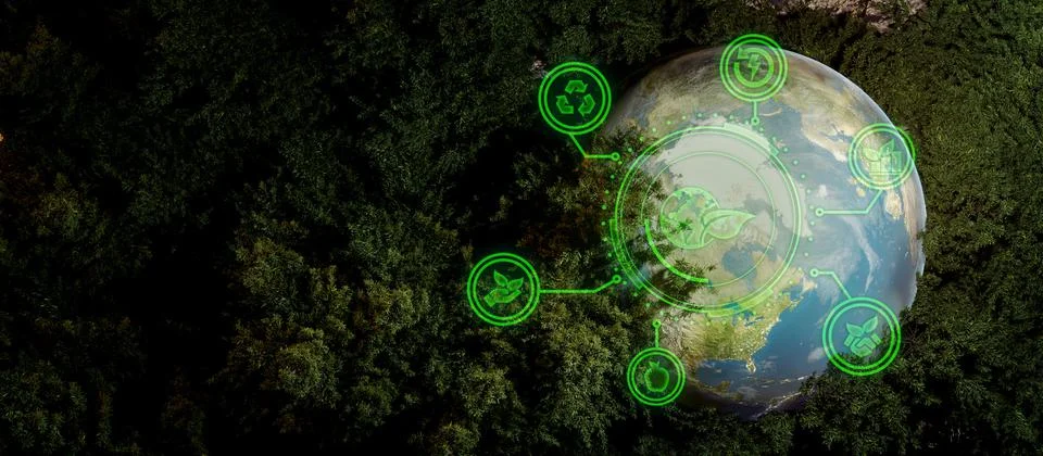 Environmental technology concept. Sustainable development goals. SDGs. Wide i Illustrazione stock
