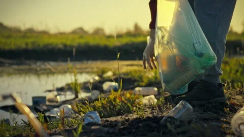 An environmental volunteers hands sort plastic waste from glass trash during Stock Footage 331460499