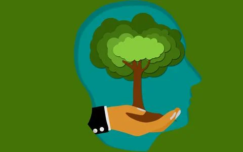 Environmentalist concept with a tree in human's mind on a green background Stock Illustration