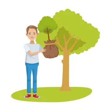 Environmentalist man planting tree character Stock Illustration
