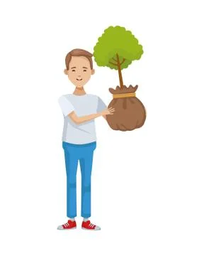 Environmentalist man with tree plant avatar character Stock Illustration