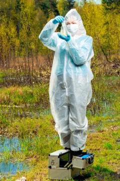 Environmentalist study of the composition of water in the lake, a portrait in Stock Photos