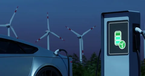 Environmentally friendly electric car charging on background of wind turbines Stock Footage 170628249