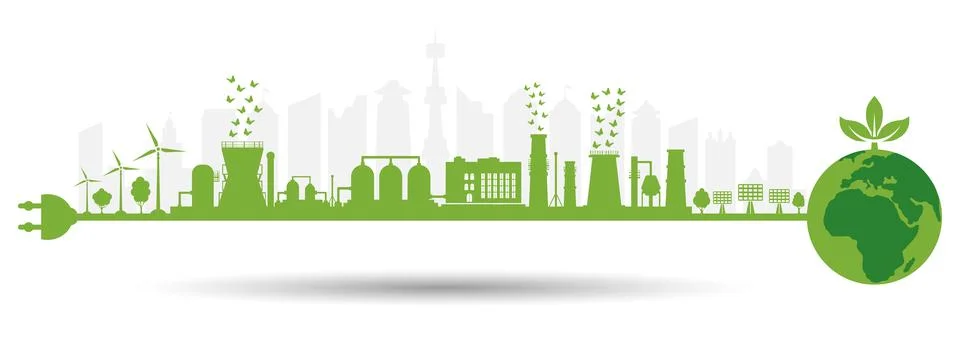 Environmentally friendly production. Electrical cable with plug. Planet earth. Illustrazione stock