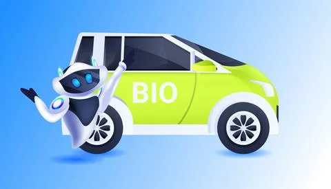 Environmentally friendly robot with eco car modern robotic character artificial Stockillustratie