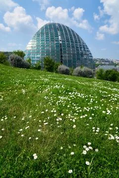 Environmentally friendly solar panel veil on building rooftop, Seine Musicale Stock Photos